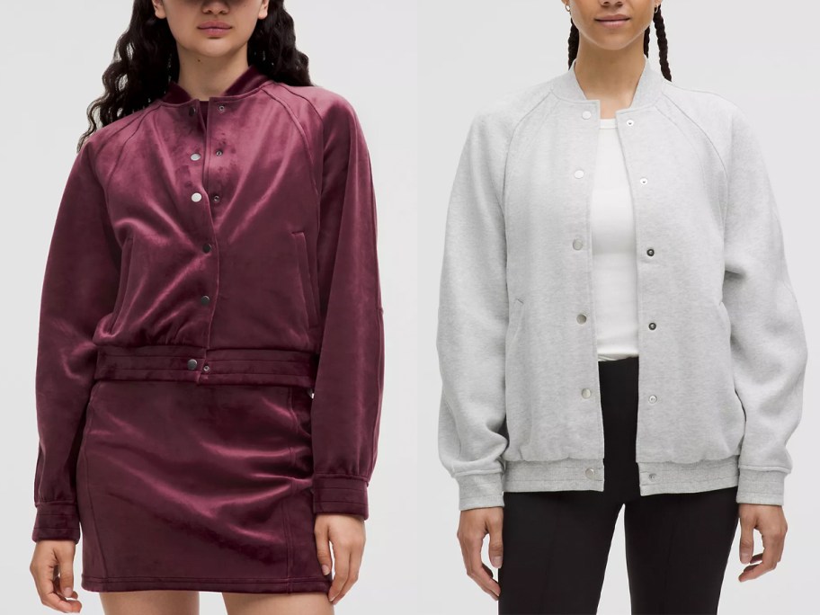 two women wearing maroon and gray jackets 