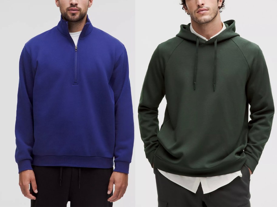two men wearing blue and green hoodies 