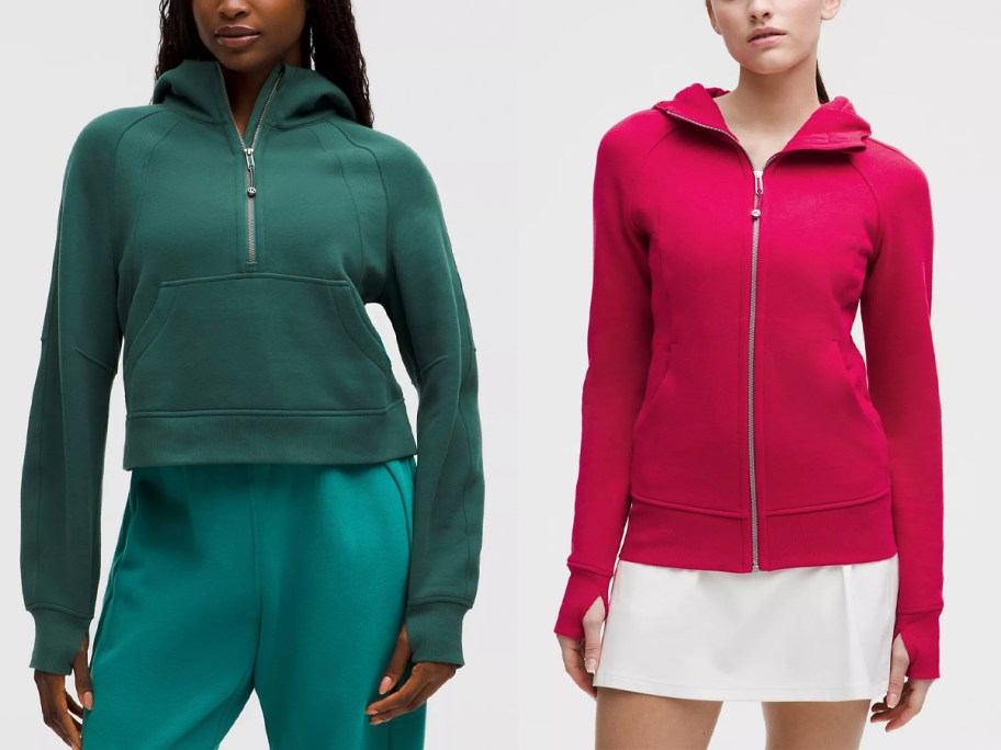 two women wearing green and pink jackets 