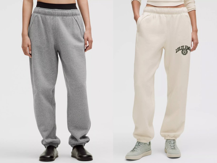 two women wearing gray and beige joggers 