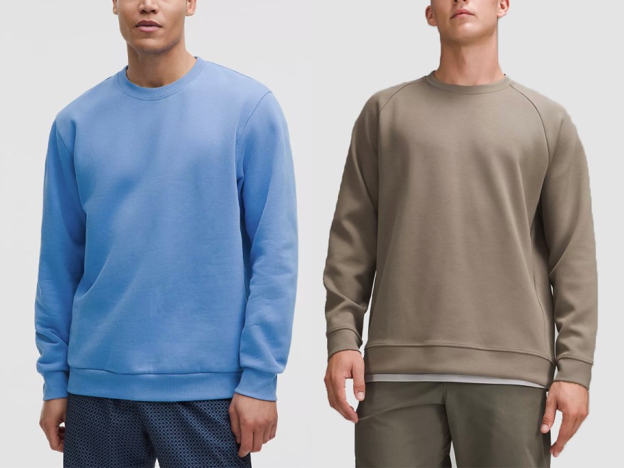 two men wearing blue and tan sweatshirts
