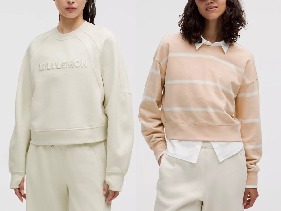 two women wearing beige and striped sweatshirts