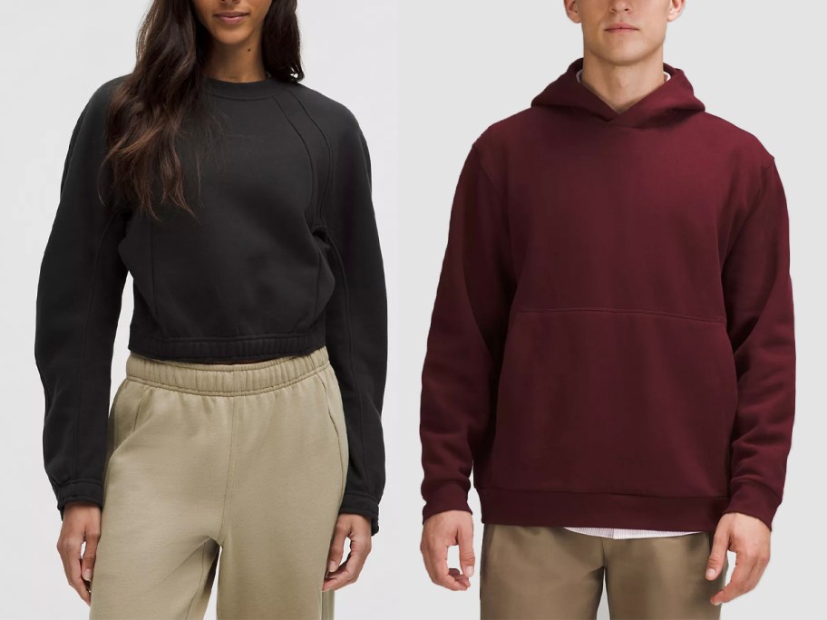 woman and man wearing black and maroon jackets 
