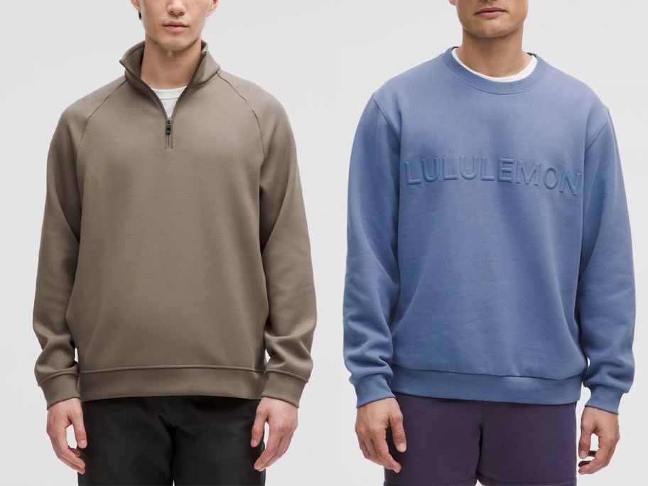 two men wearing tan and blue sweatshirts