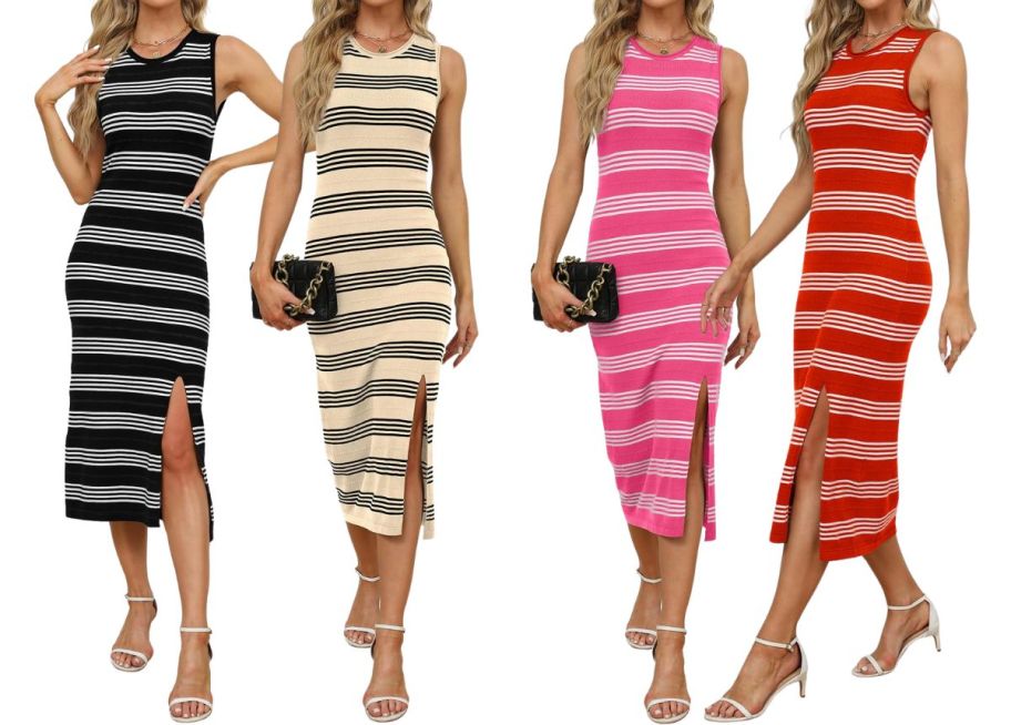 four models wearing a sleeveless sundress in four different colors