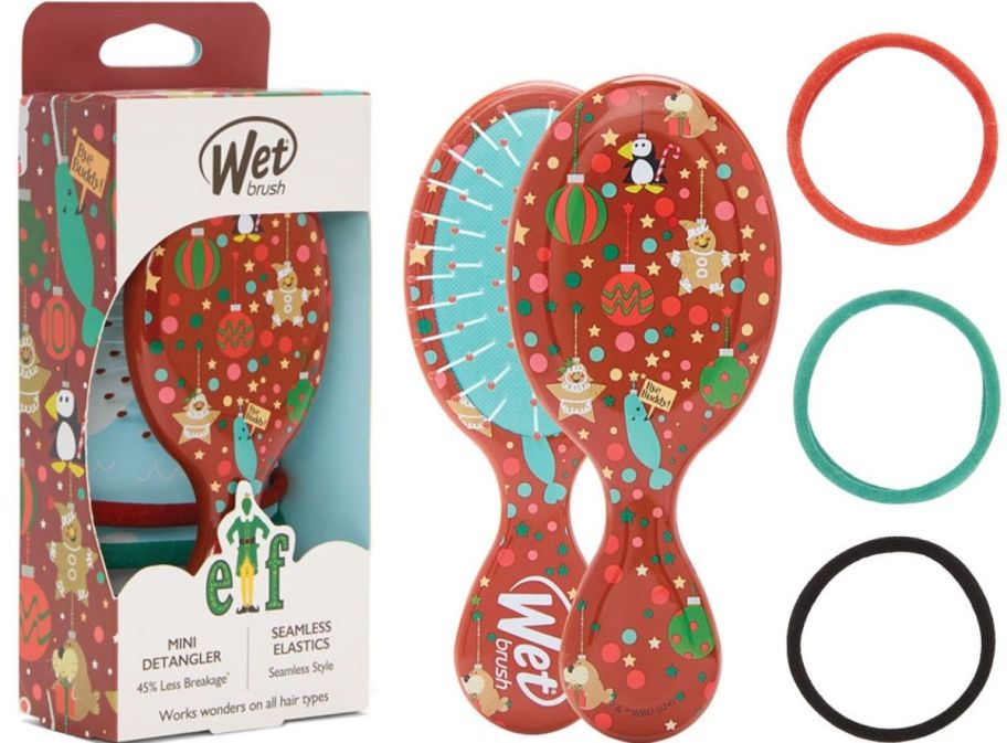a mini detangling brush and 3 hair elastics