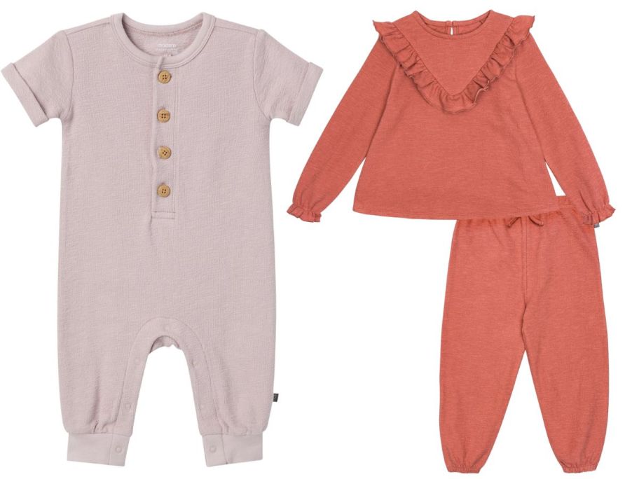 a modern moments pink romper and a two piece orange set