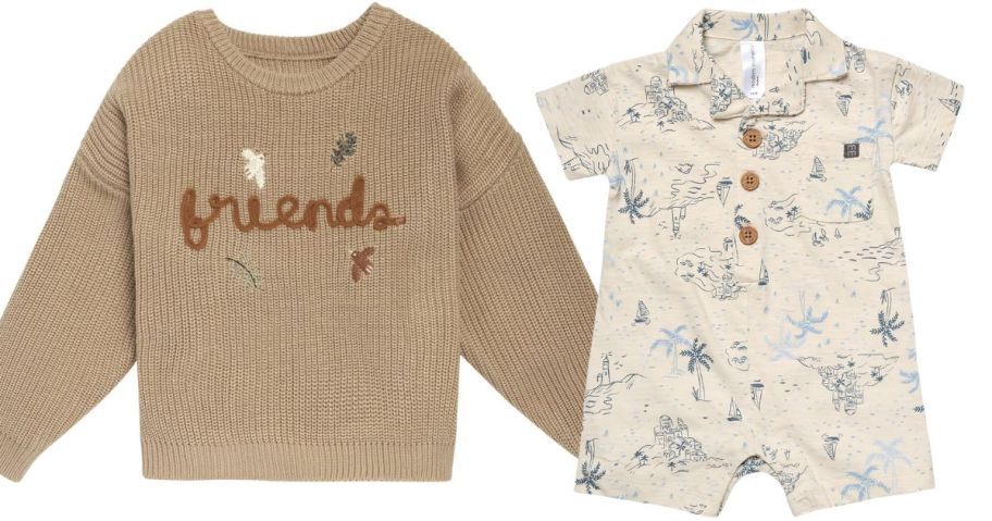 a beige modern moments sweater that says friends on it and a white printed romper