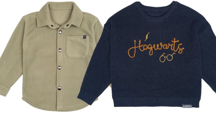 a beige modern moments shacket and blue hogwarts sweater
