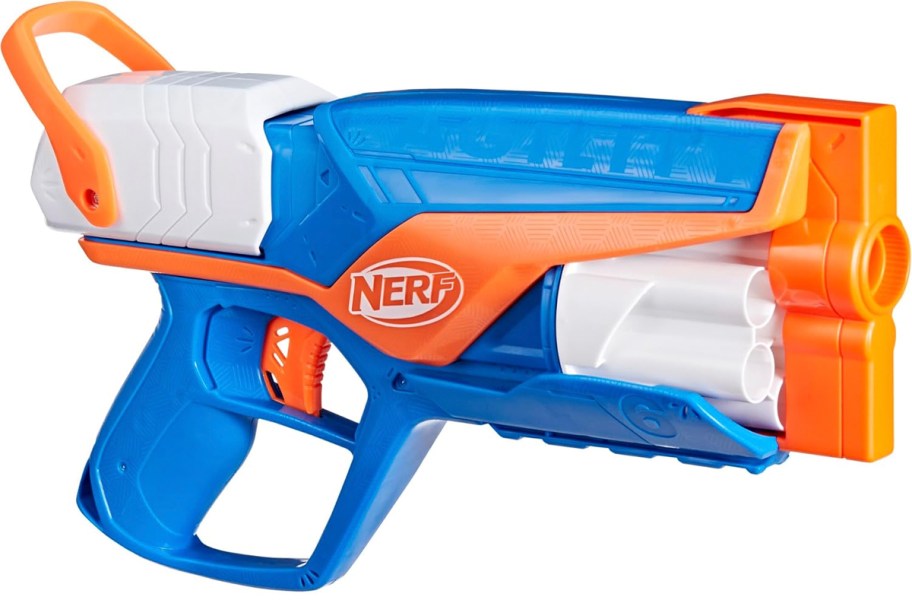 white, blue and orange nerf blaster 