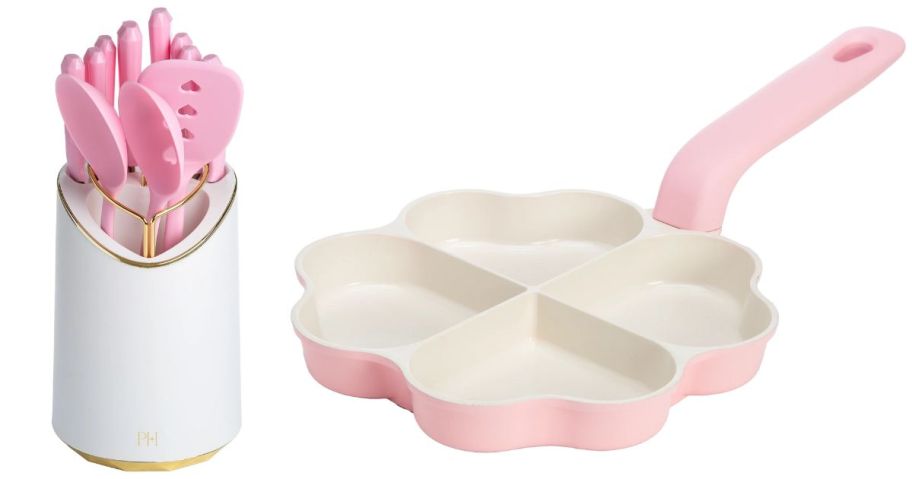 a paris hilton utensil caddy and heart-shaped pan stock image