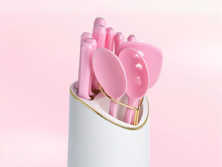 paris hilton utensil set in caddy against pink background