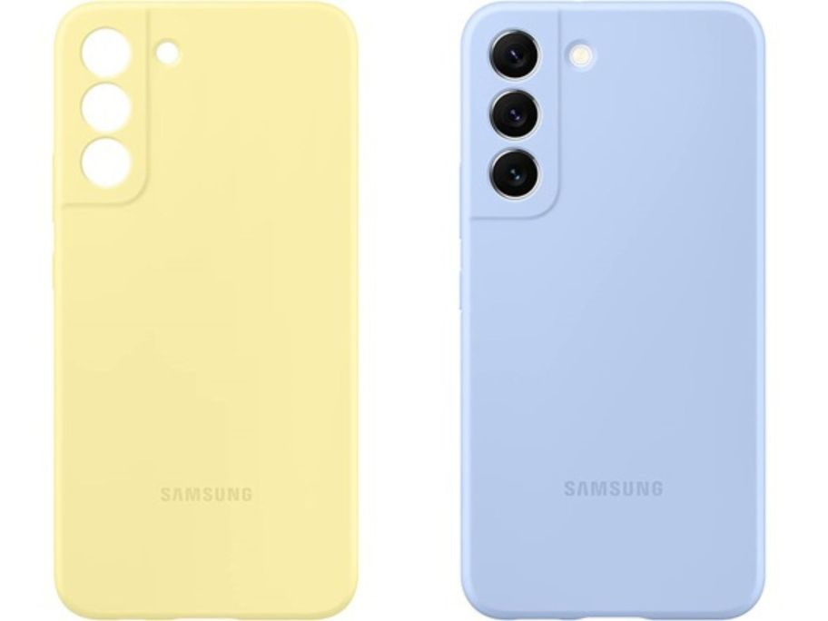 a yellow and a blue samsung phone case stock image