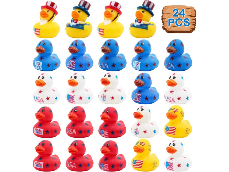 24 yellow, blue, white, and red 4th of july rubber ducks 