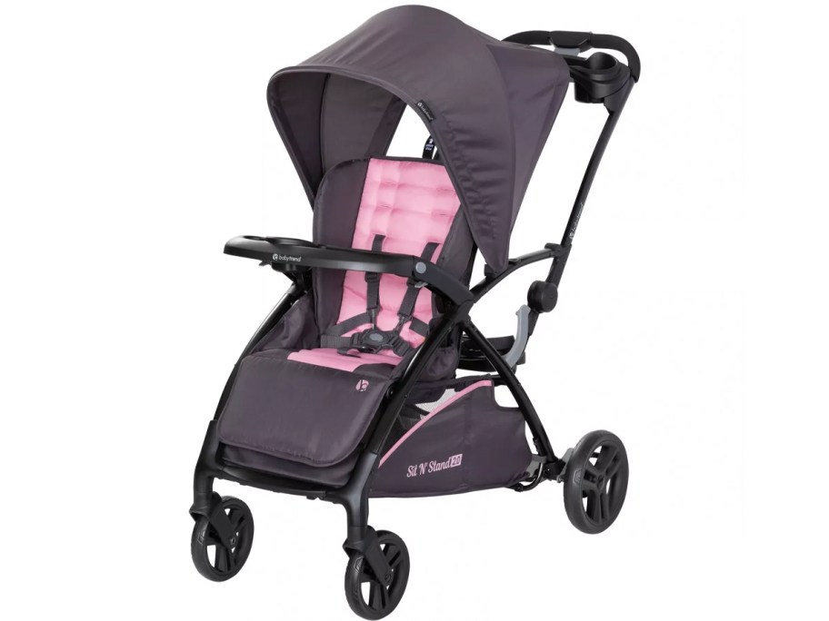 black and pink sit n stand stroller 