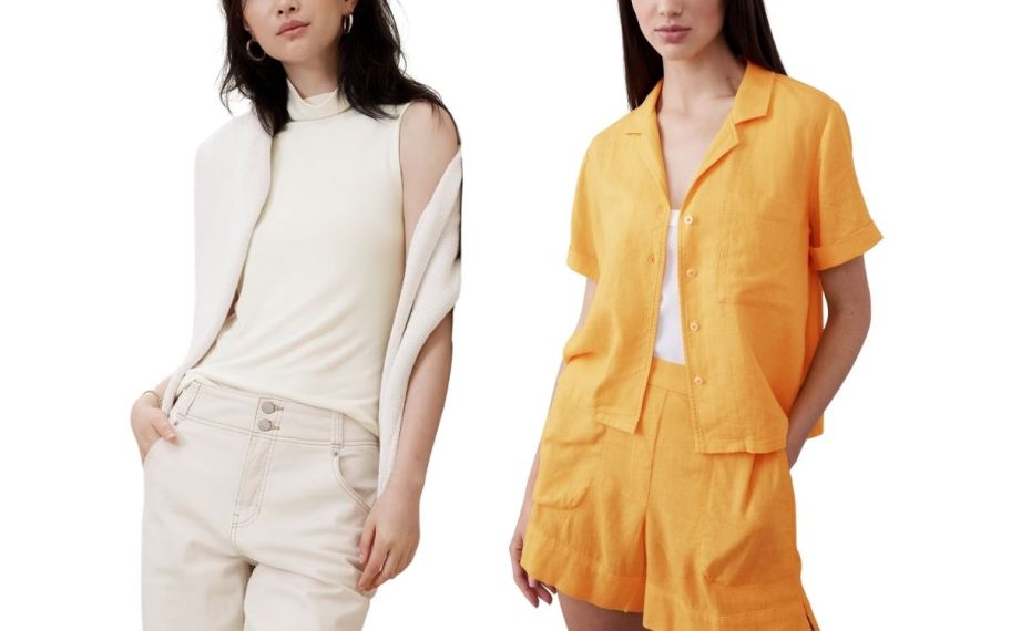 a woman in a sleevelss turtleneck and a woman in a yellow linen blend button front shirt