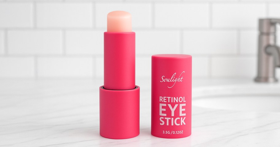 retinol eye stick sitting on bathroom counter