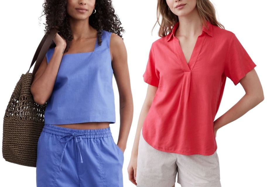 a woman in a linen square neck top and a woman in a short sleeve johnny collar top
