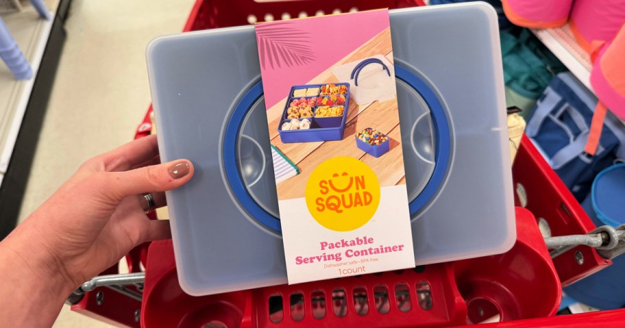 blue sun squad rectangle packable serving container in hand