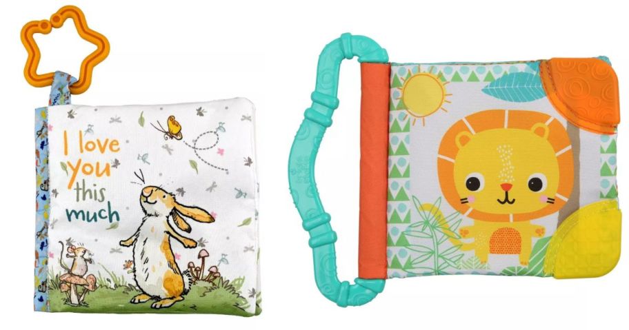 stock images of a I Love You This Much teether book with bunnies on it and a teethe and read book with a lion on it