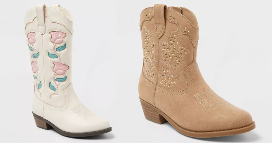 cream colored and tan western boots