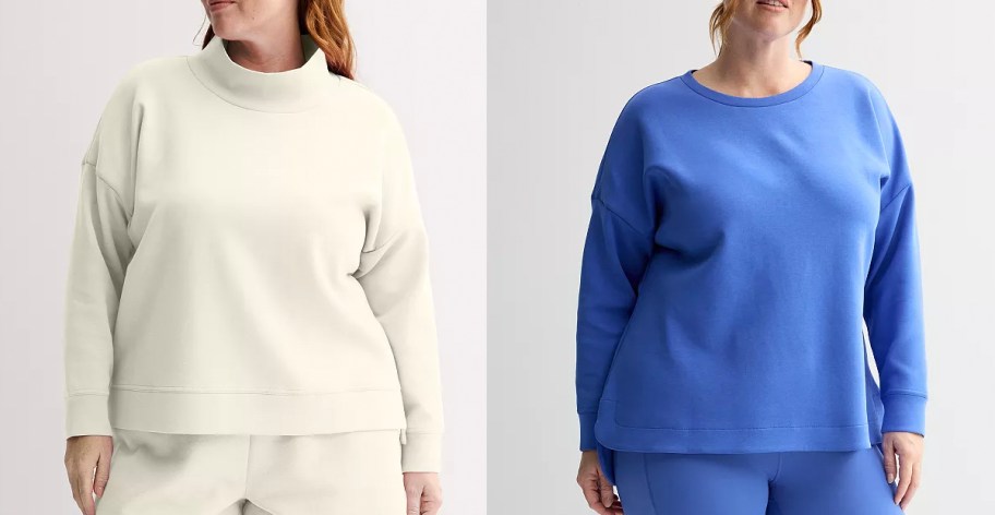 two women wearing white and blue sweatshirts