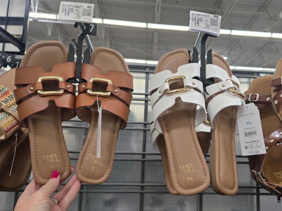 brown and white Time and Tru Women's Hardware Slide Sandals hanging in store