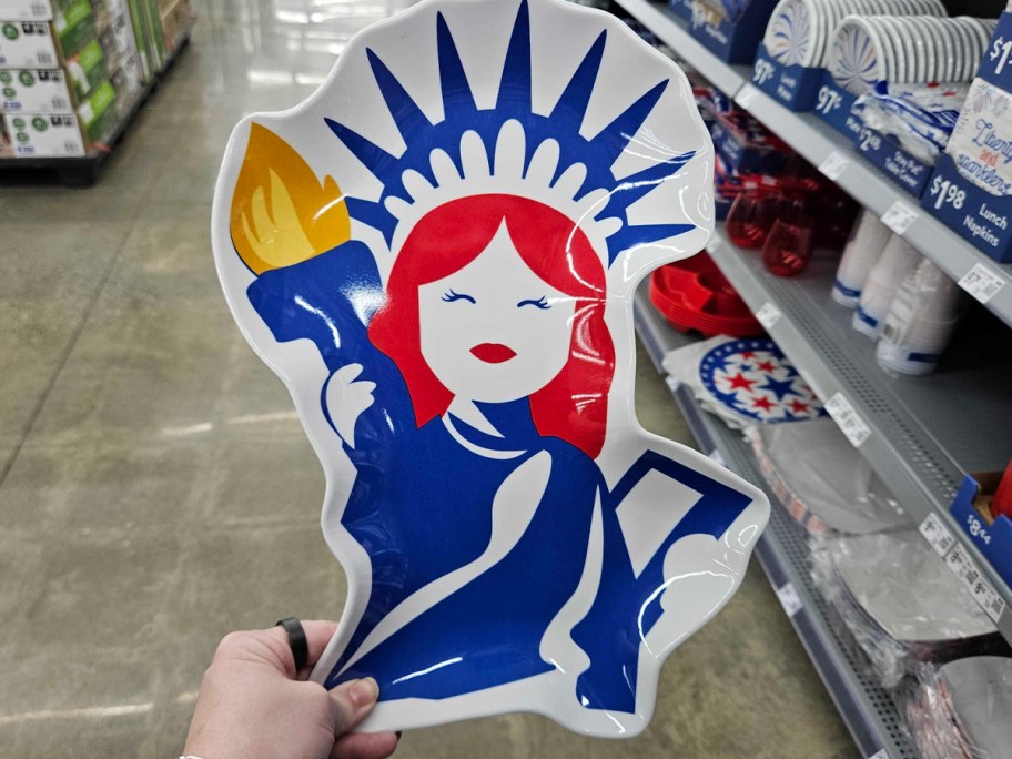 hand holding patriotic serving tray 