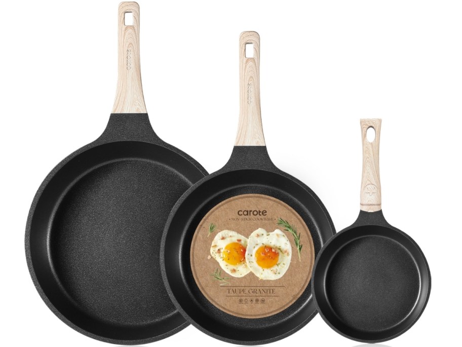 3 non stick fry pans in assorted sizes