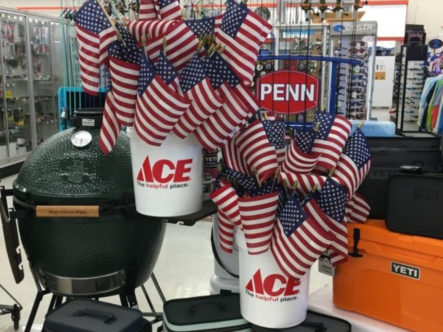 2 ACE Hardware buckets filled with American flags 