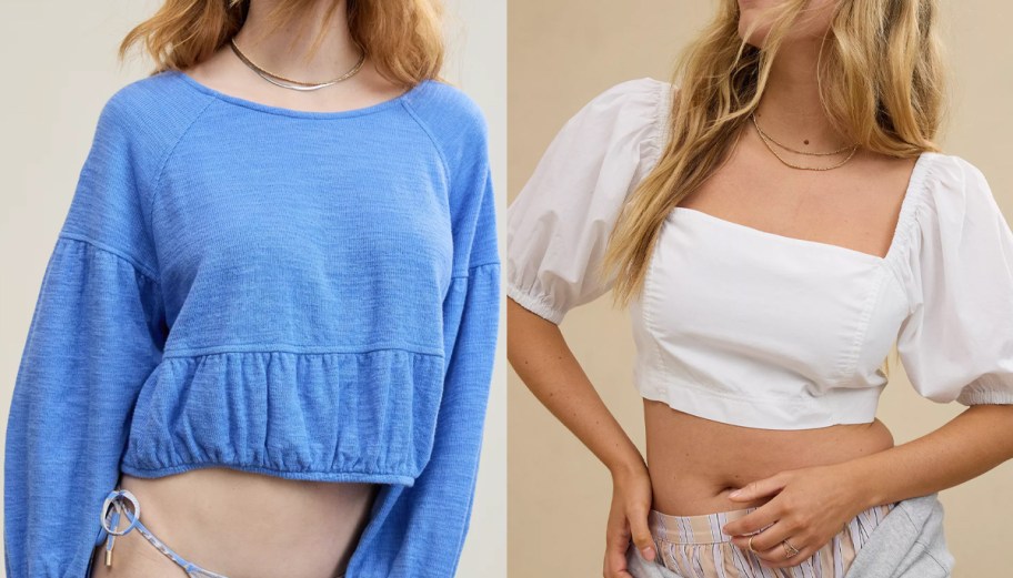 Two women modeling the Aerie Endless Summer Cropped Sweatshirt and Aerie Puff Sleeve Square Neck Top in blue and white
