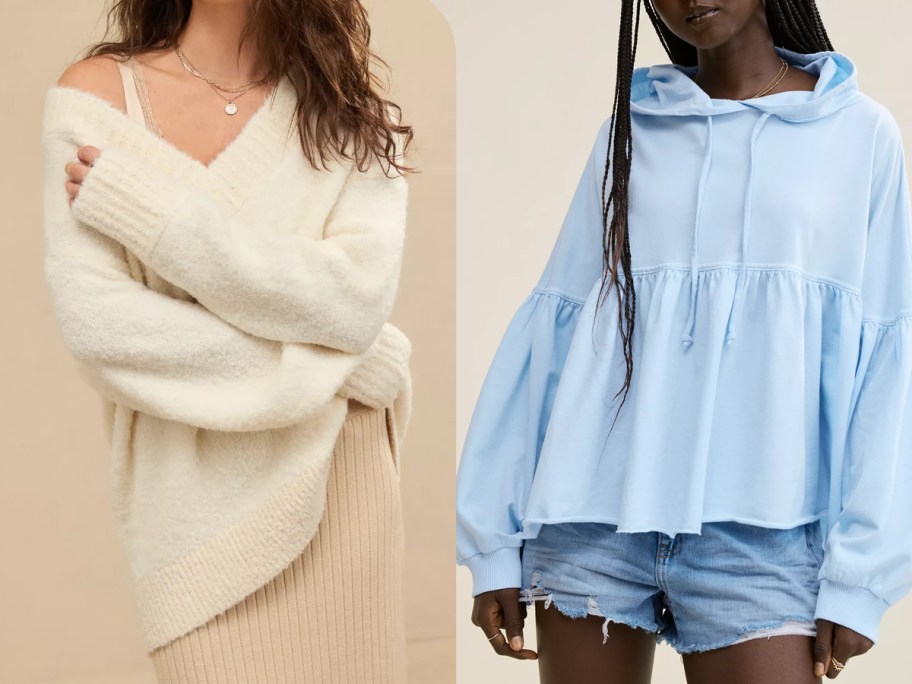 Two women modeling the Aerie Teddy Boucle Sweater and Aerie Peplum Hoodies in natural and blue