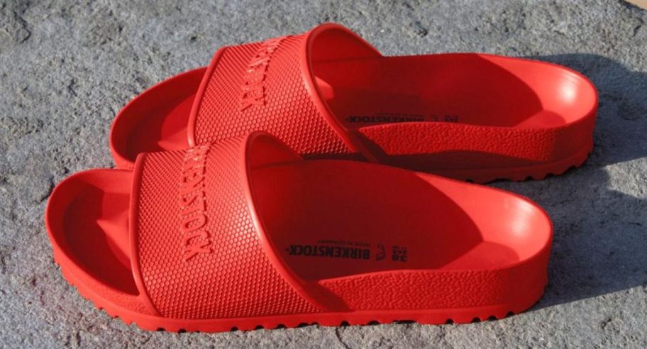 red Birkenstock Barbados Eva Sandals on the floor