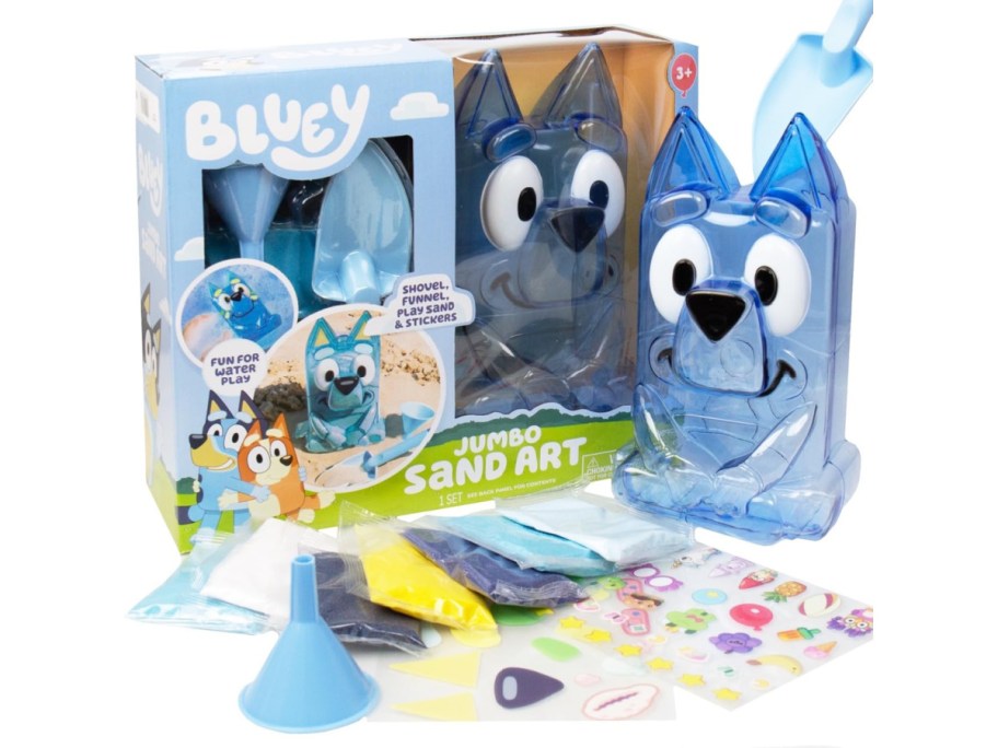 Bluey Jumbo Sand Art with items coming from it 