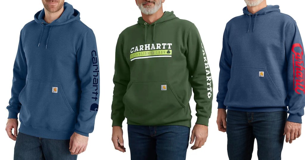 Three different men wearing blue and green Carhartt hoodies