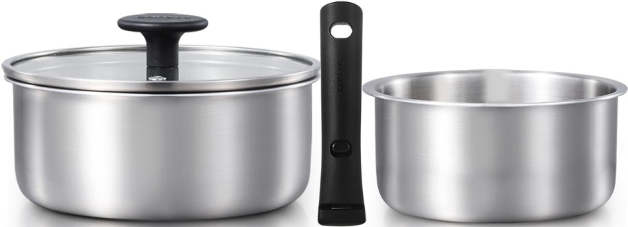 a 4 piece stainles sttel cookware set with 2 pots, a lid and a detachable handle
