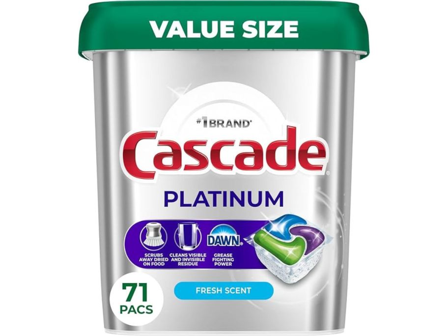 A tub of Cascade Platinum Plus Dishwasher Pods
