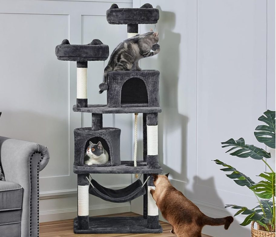 A Topeakmart 62.2" Large Cat Tree Tower with cats on it