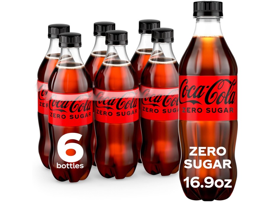 6 pack of Coke Zero Bottles with one larger bottle in front of it