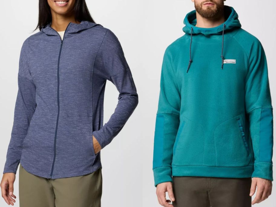 Stock image of a woman and a man wearing Columbia hoodies