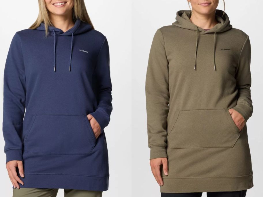 Stock images of two women wearing long columbia hoodies