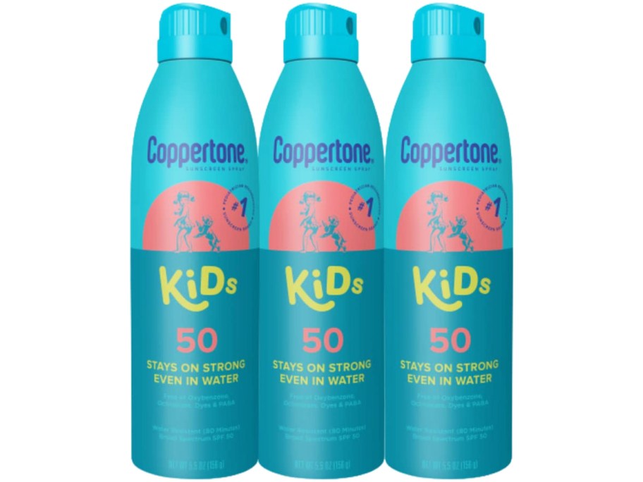 3 teal bottles of Coppertone Kids Sunscreen Spray