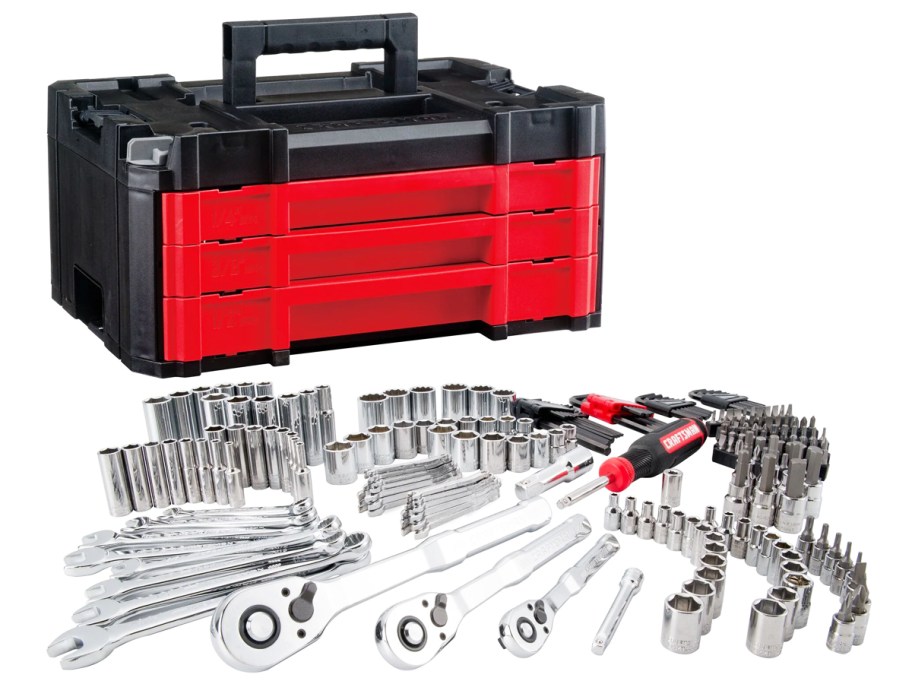 various mechanics tools with a red and black hard case