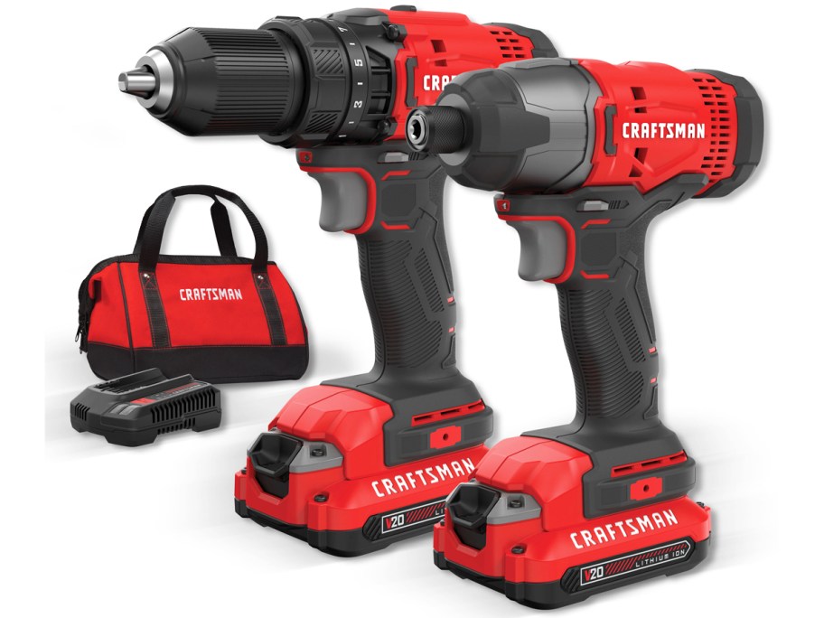black and red Craftsman impact driver, drill, battery, and bag
