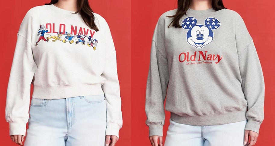 two women in Disney Americana crewneck sweatshirts
