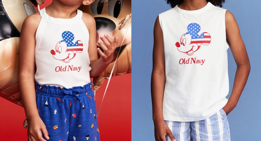 two kids in american flag print mickey mouse tank tops