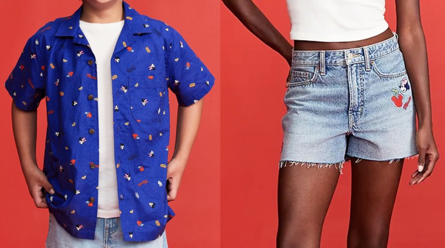 Disney Americana button down shirt and jean shorts