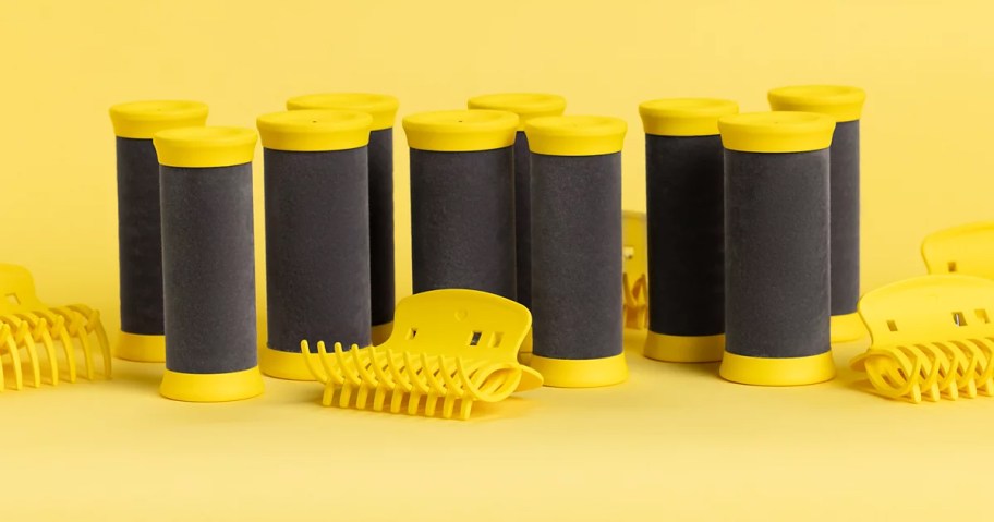 black and yellow hot rollers and clips
