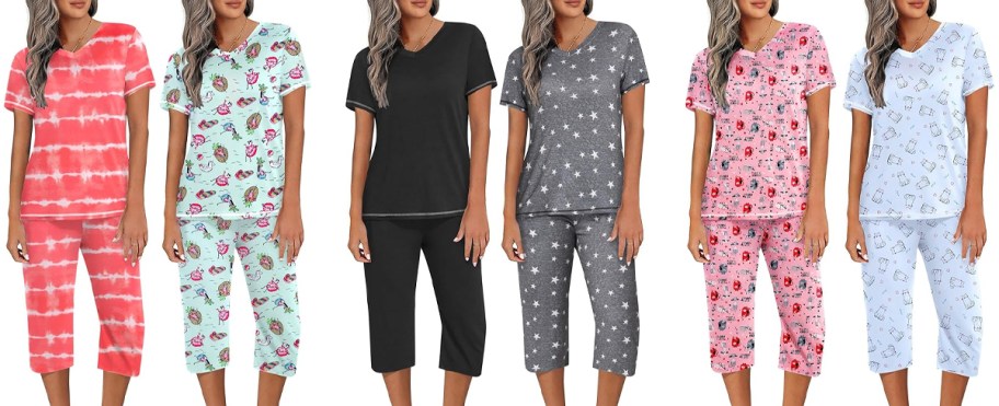 Six models wearing short-sleeve pajama tops with capri-length pants in tie-dye, star, and novelty prints.