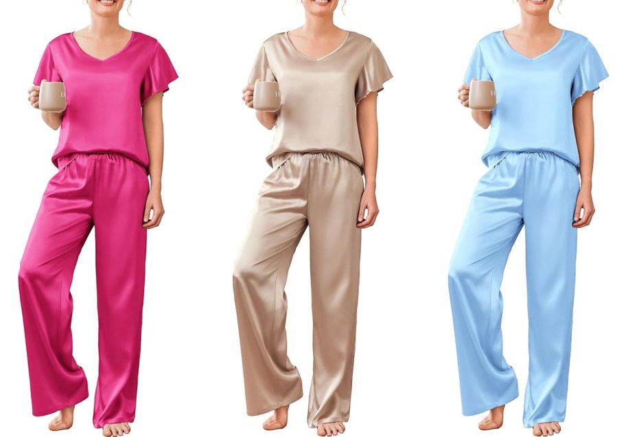 Three models holding mugs while wearing silky satin pajama sets in fuchsia, champagne, and light blue.